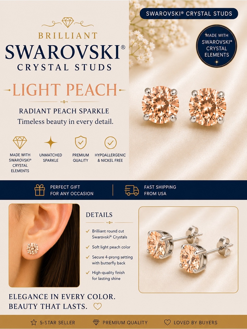 Brilliant Swarovski Light Peach Crystal Stud Earrings